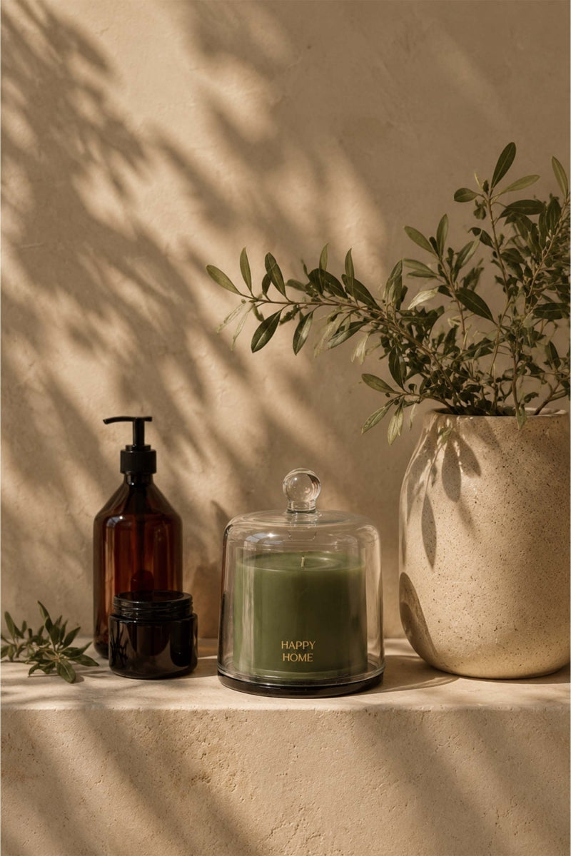 Geurkaars glas met stolp - Happy home